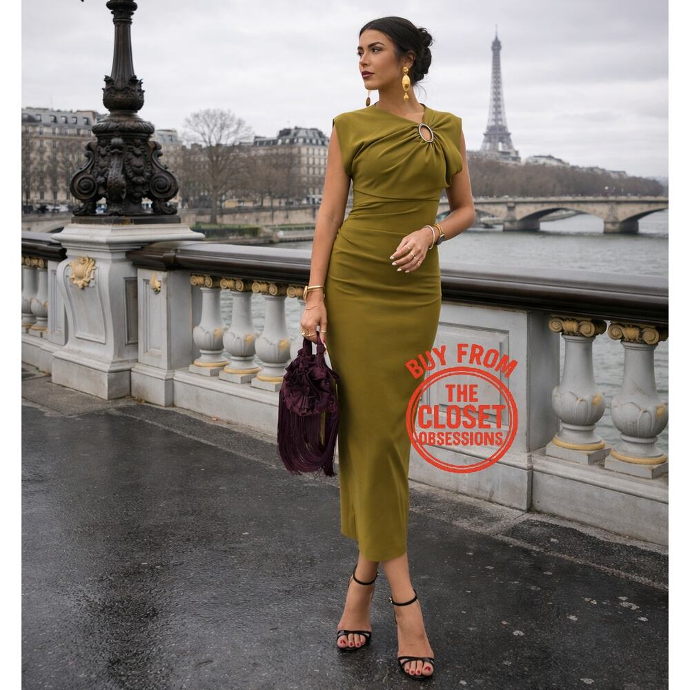 Zara NWT Olive Green Ruched Gold Hardware Midi Dress L - Picture 4 of 16